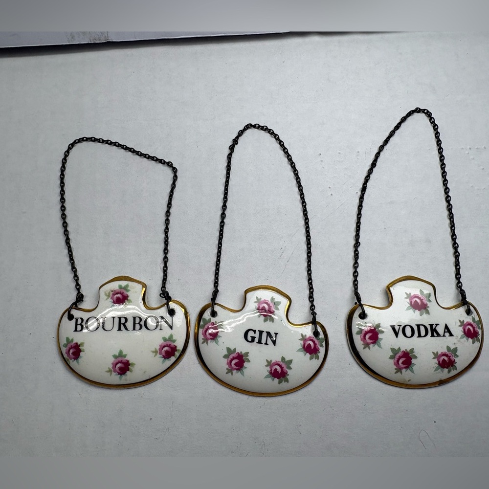 Vintage DECANTER Label VODKA GIN BOURBON Bone China ROYAL ADDERLEY Bottle Tag